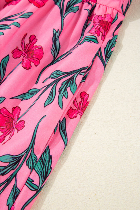 Puff Sleeve Floral Print Contrast Placket Tiered Midi Dress With Pockets